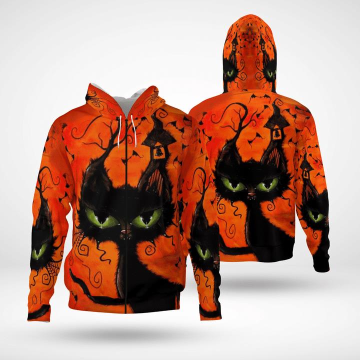 Weird Black Cat At Night Spooky 3D Zip Hoodies