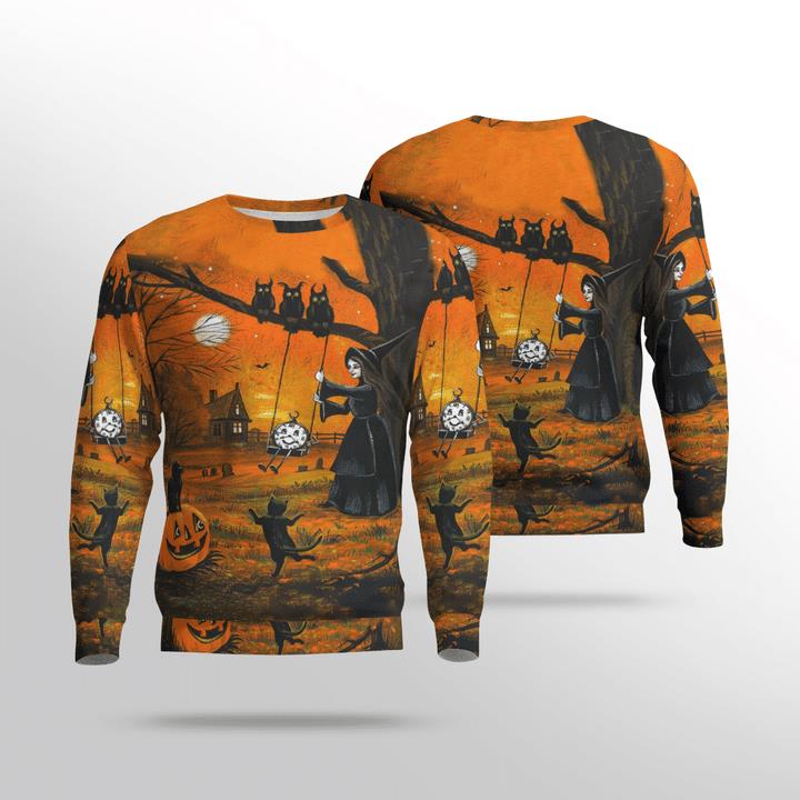 Witch And Black Cats Owls Halloween Twilight Spooky 3D Aop Sweatshirt