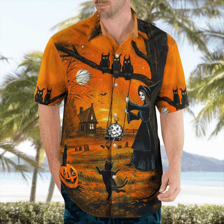 Witch And Black Cats Owls Halloween Twilight Spooky 3D Hawaii Shirt 1 » Cool Gifts for You - Mfamilygift Witch And Black Cats Owls Halloween Twilight Spooky 3D Hawaii Shirt 1