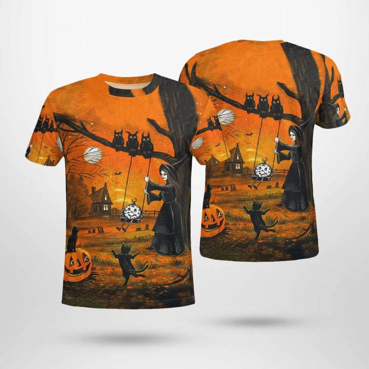 Witch And Black Cats Owls Halloween Twilight Spooky 3D T-Shirt Witch And Black Cats Owls Halloween Twilight Spooky 3D T-Shirt