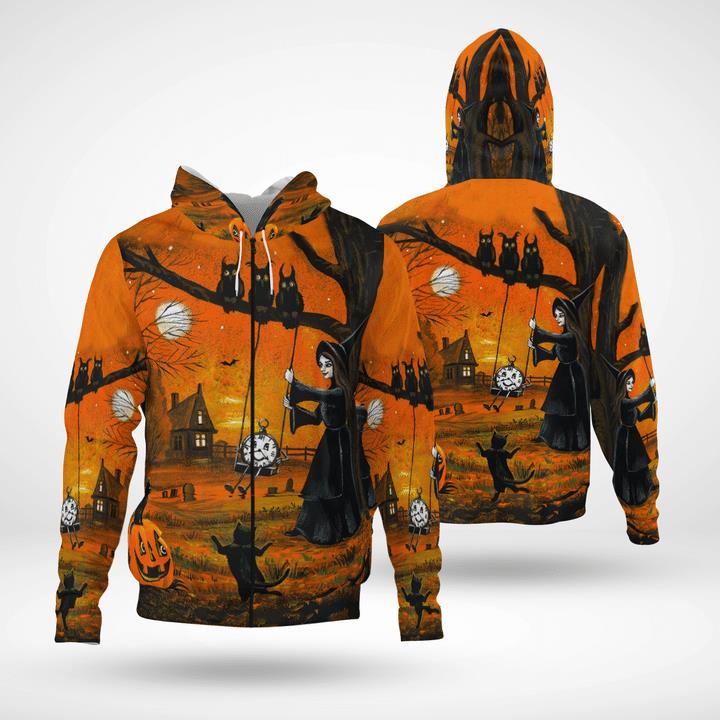 Witch And Black Cats Owls Halloween Twilight Spooky 3D Zip Hoodies Witch And Black Cats Owls Halloween Twilight Spooky 3D Zip Hoodies