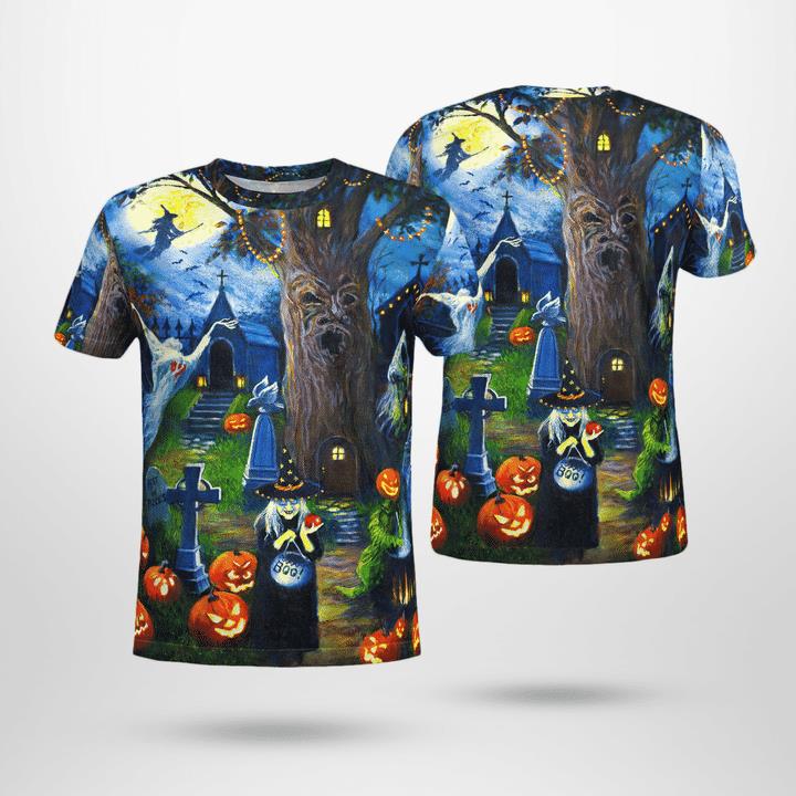 Witchs Tree House Boo Pumpkin Happy Halloween Spooky 3D T-Shirt