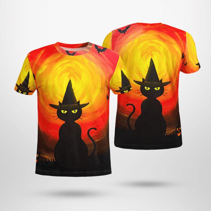 Wizard Black Cat Halloween Night Pumpkin Spooky 3D T-Shirt