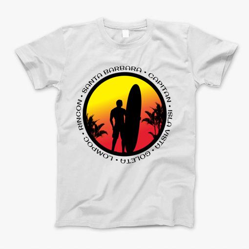 Santa Barbara Surfing Cool Sunset Surfer Palm Tree T-Shirt