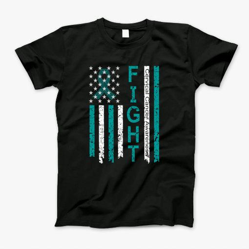 Cervical Cancer Awareness Ribbon American Flag T-Shirt