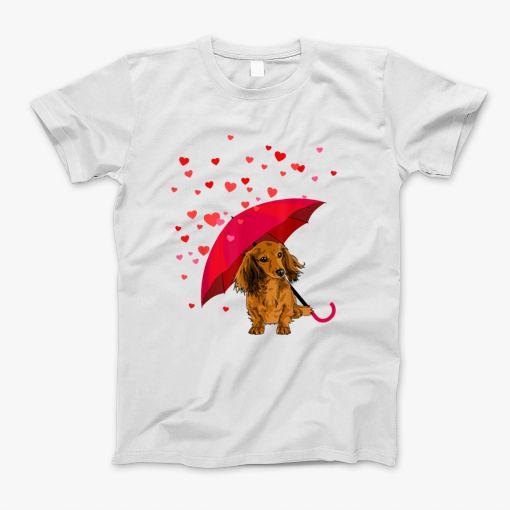 Long Hair Dachshund In Raining Heart Valentine T-Shirt