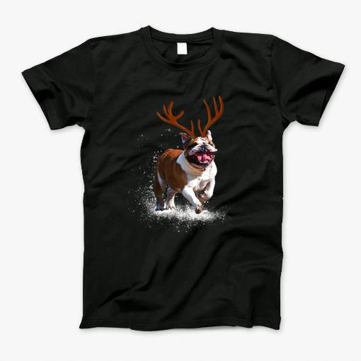 Reindeer Bulldog Running Through The Snow Christmas T-Shirt