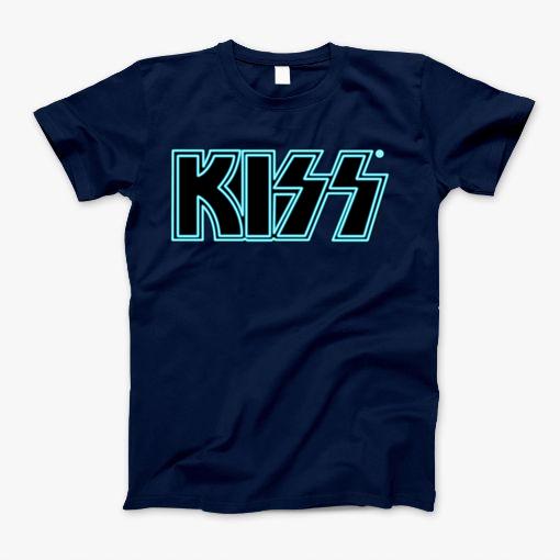 Blue Glowing Kiss Neon Sign On Black T-Shirt