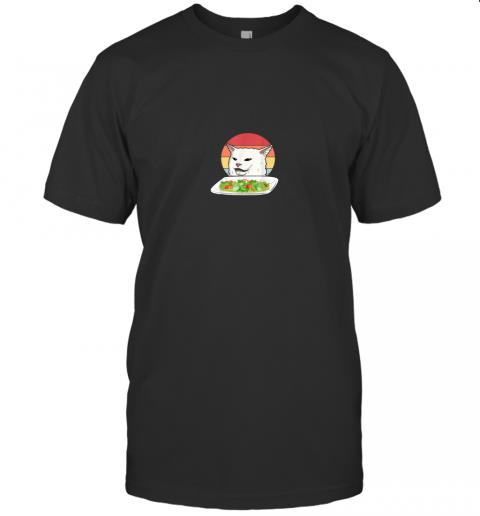 Angry women yelling at confused cat at dinner table meme T Shirt