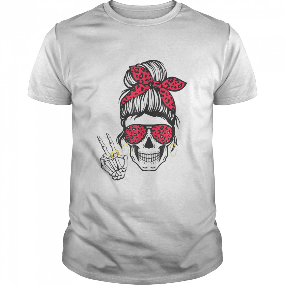 Boho Skeleton Peace Sign Messy Bun Bandana Halloween Apparel Shirt