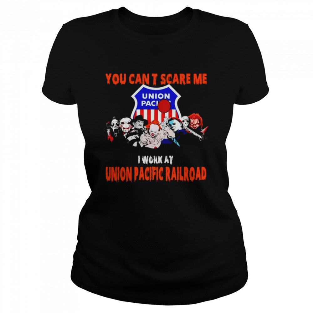 Halloween Horror Movies Characters You Can’T Scare Me I Work At Union Pacific Railroad Shirt 1 » Cool Gifts for You - Mfamilygift Halloween Horror Movies Characters You Can’T Scare Me I Work At Union Pacific Railroad Shirt 1