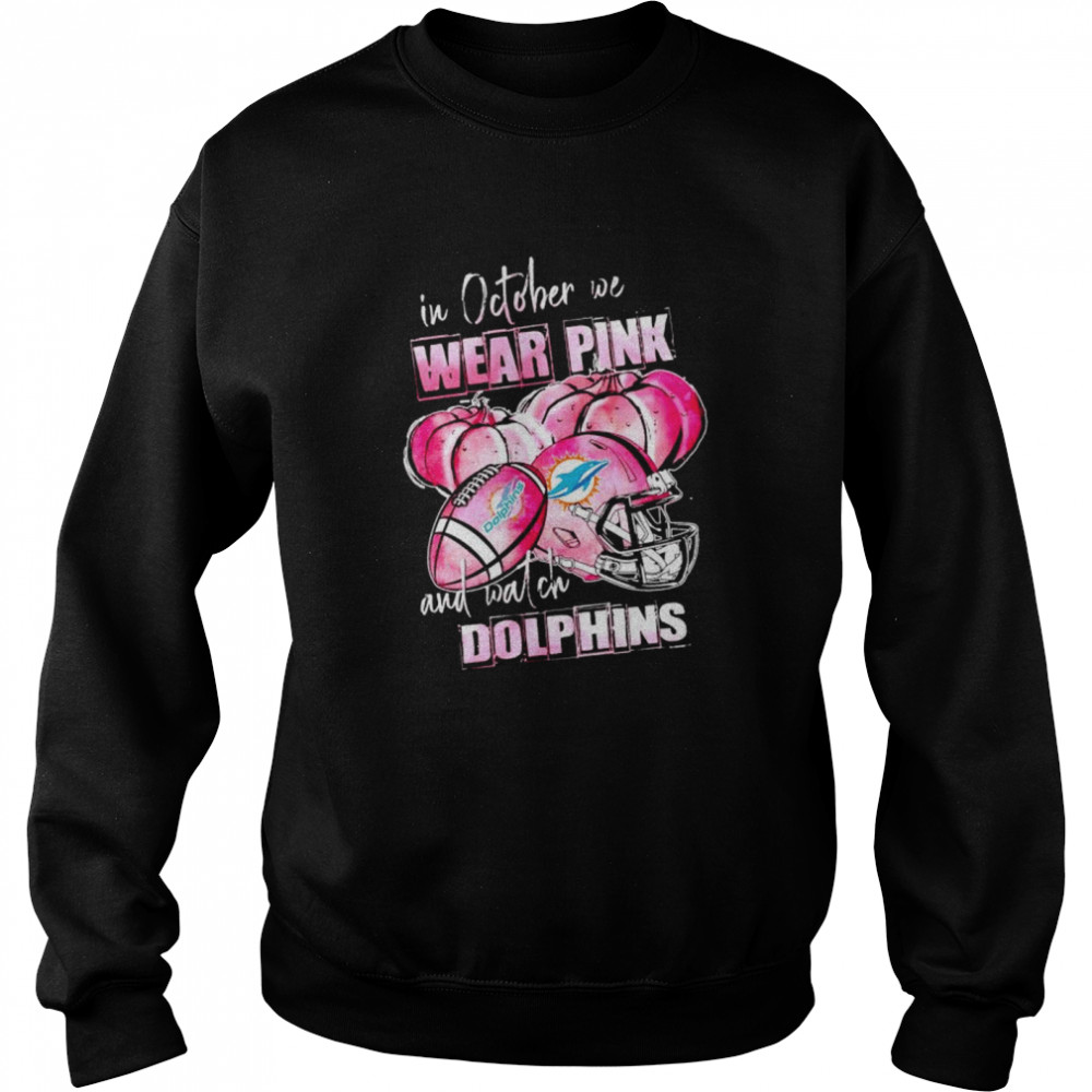 In October We Wear Pink And Watch Dolphins Breast Cancer Halloween Shirt 3 » Cool Gifts for You - Mfamilygift In October We Wear Pink And Watch Dolphins Breast Cancer Halloween Shirt 3