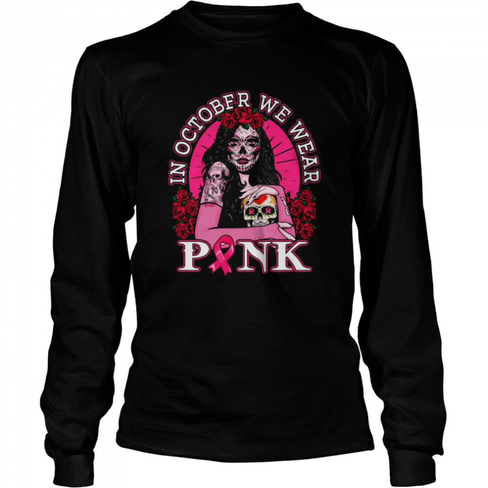 In October We Wear Pink Breast Cancer Awareness Skull Womens Shirt 2 » Cool Gifts for You - Mfamilygift In October We Wear Pink Breast Cancer Awareness Skull Womens Shirt 2