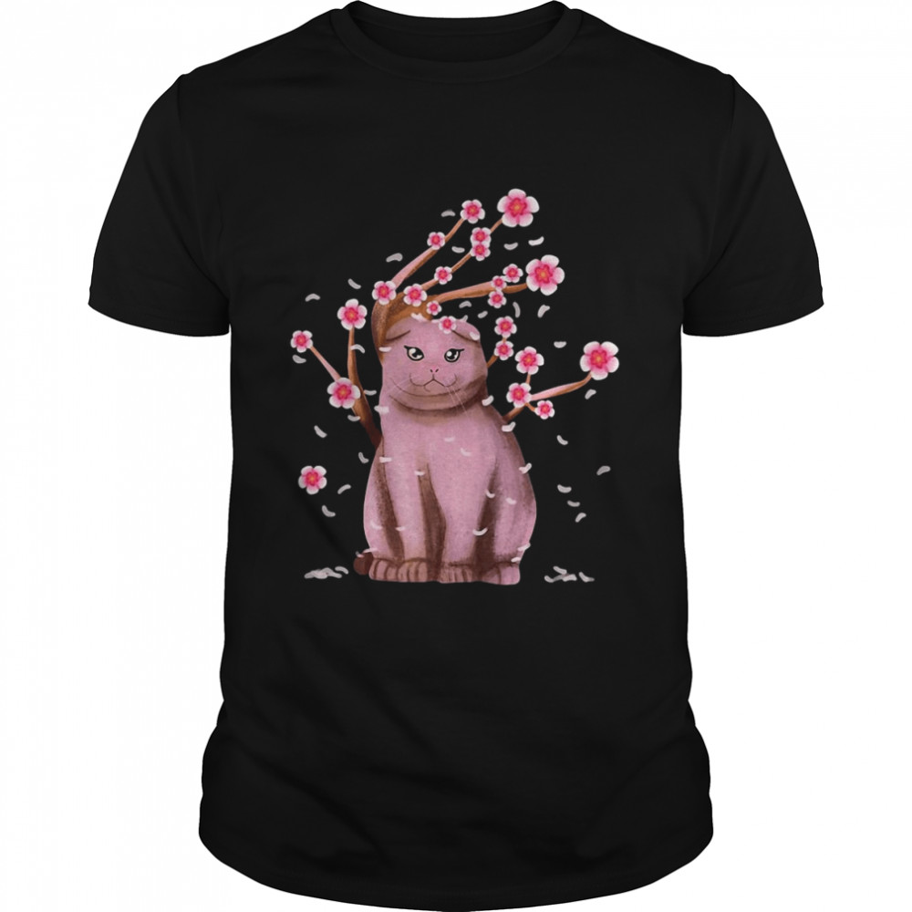 Scottish Fold Cat Gift Japanese Cherry Blossom Flower T-Shirt