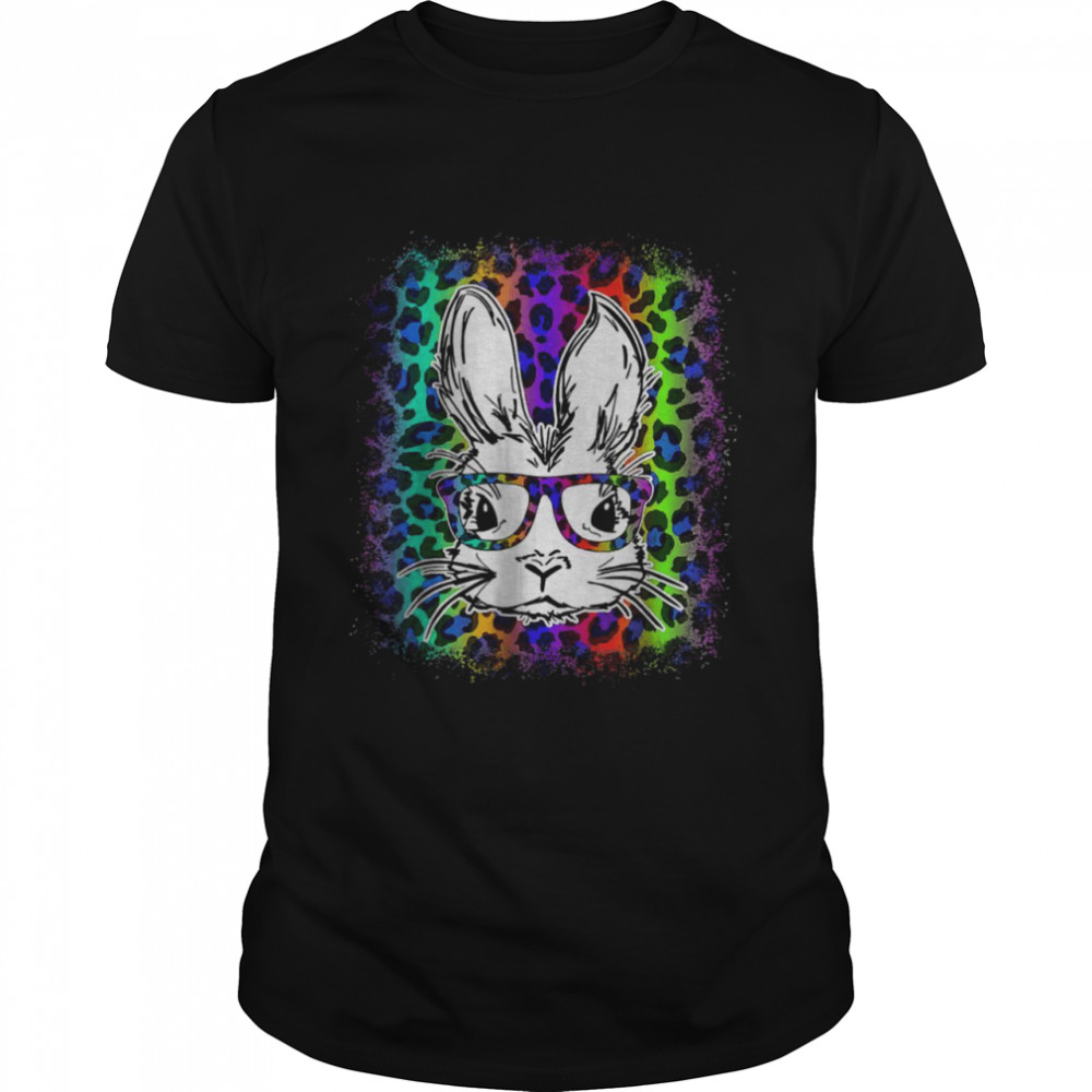 Bunny Face Rainbow Leopard Bleached Happy Easter Day T-Shirt