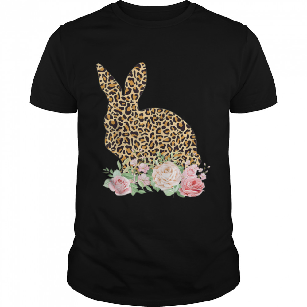 Bunny Flowers Leopard Print Girls Women Happy Easter Day T-Shirt B09sg4fq36