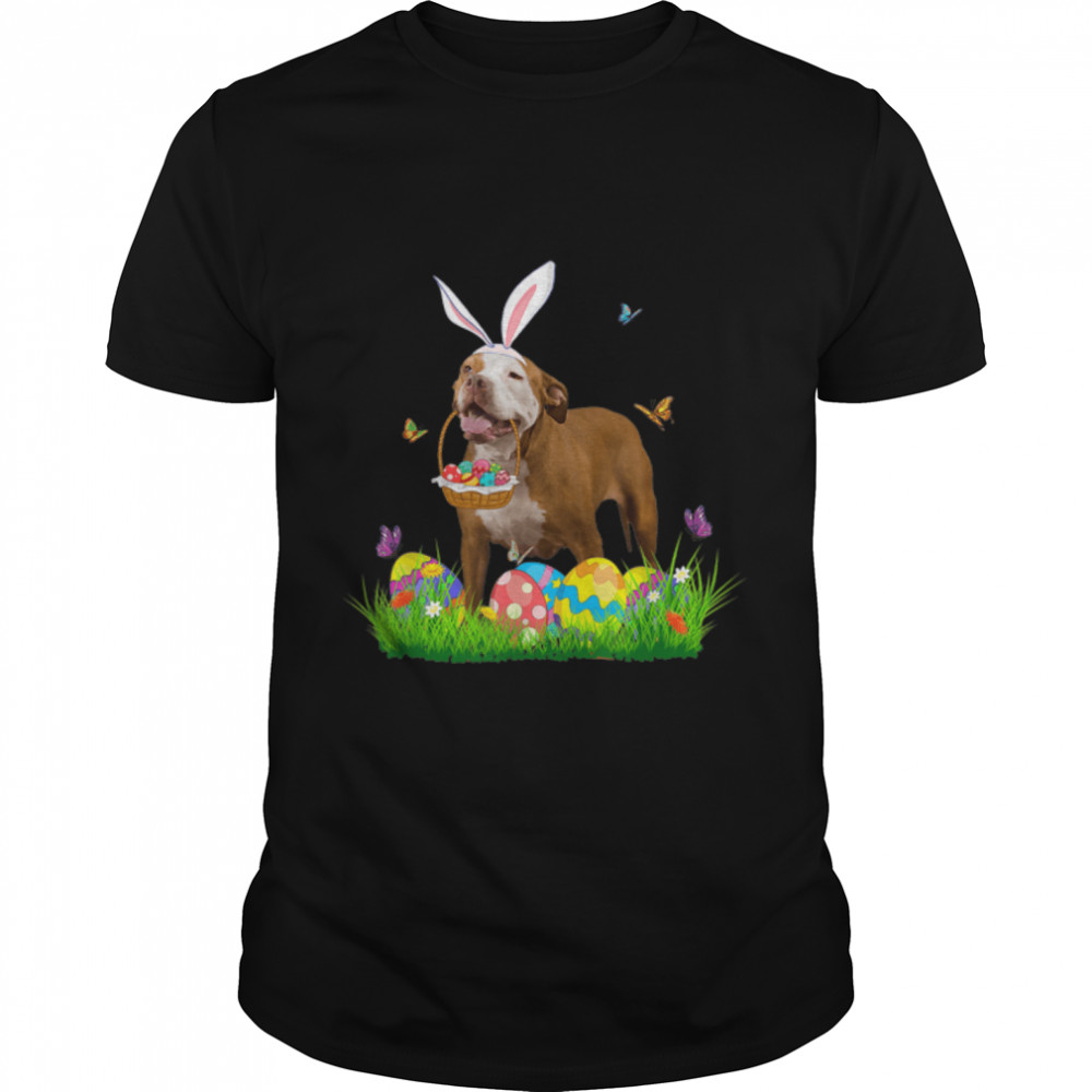 Bunny Pit Bull With Egg Basket Easter Flower Hunting Egg T-Shirt B09vnwrwjf
