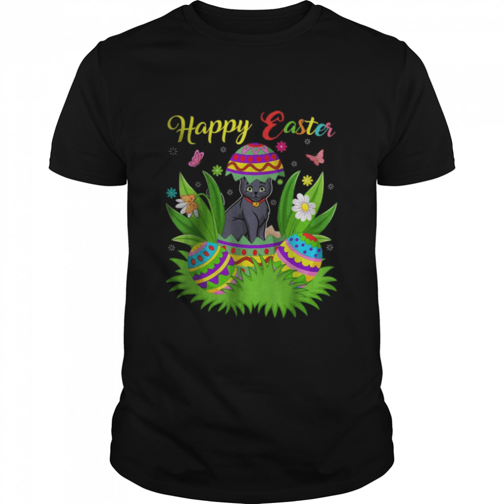 Cat Lover Floral Easter Egg Russian Blue Cat Easter T-Shirt