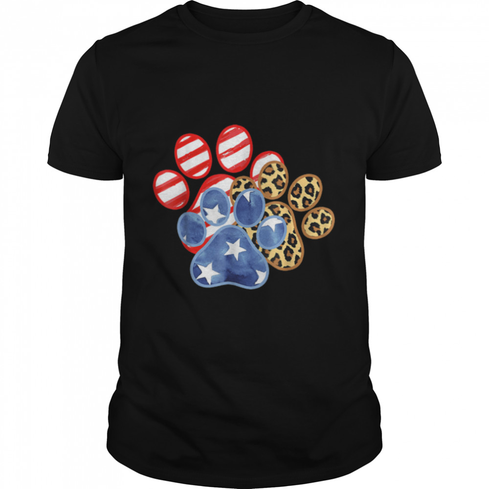 Leopard American Flag Hearts 4Th Of July Dog Paw Print Cute T-Shirt B09znqrmsd