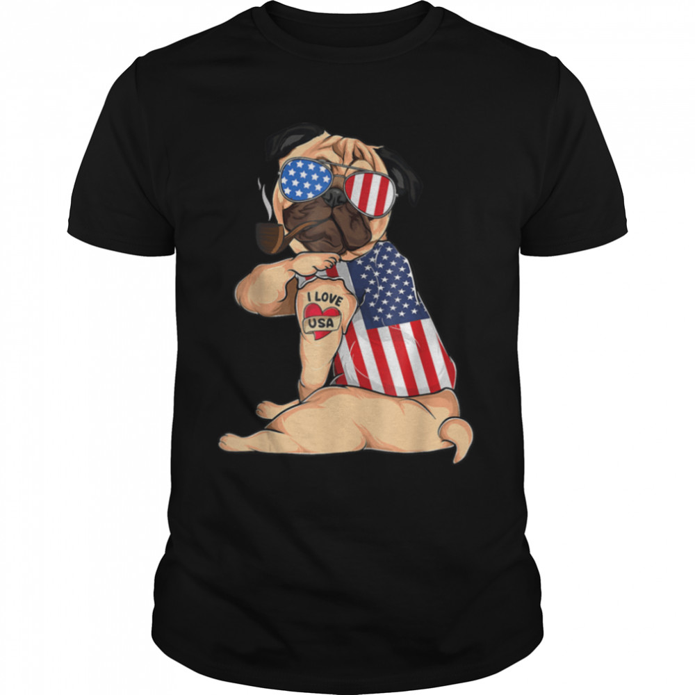 Pug Dog Merica 4Th Of July Usa American Flag Men Women T-Shirt B09znw2bg3