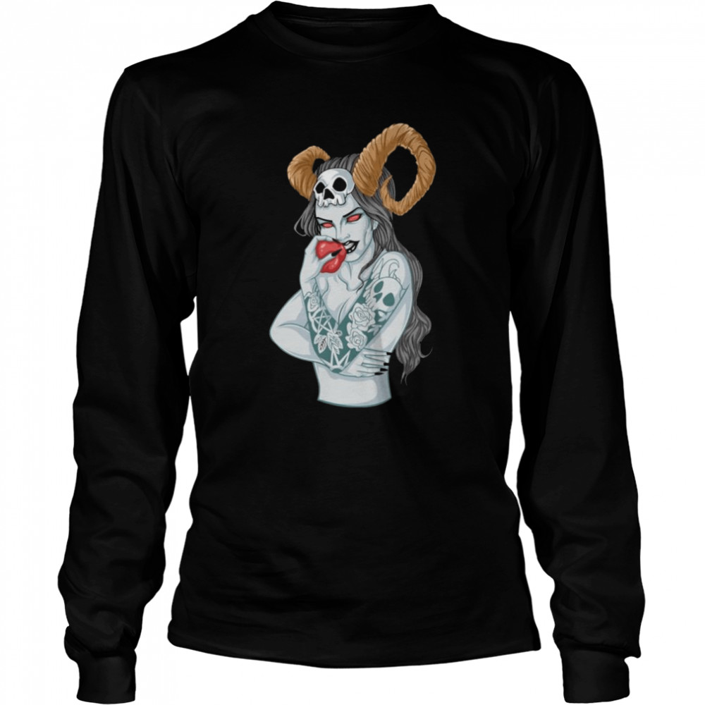 Horned Devil Satanic Gothic Halloween Okkult Baphomet Girl Shirt 2 » Cool Gifts for You - Mfamilygift Horned Devil Satanic Gothic Halloween Okkult Baphomet Girl Shirt 2