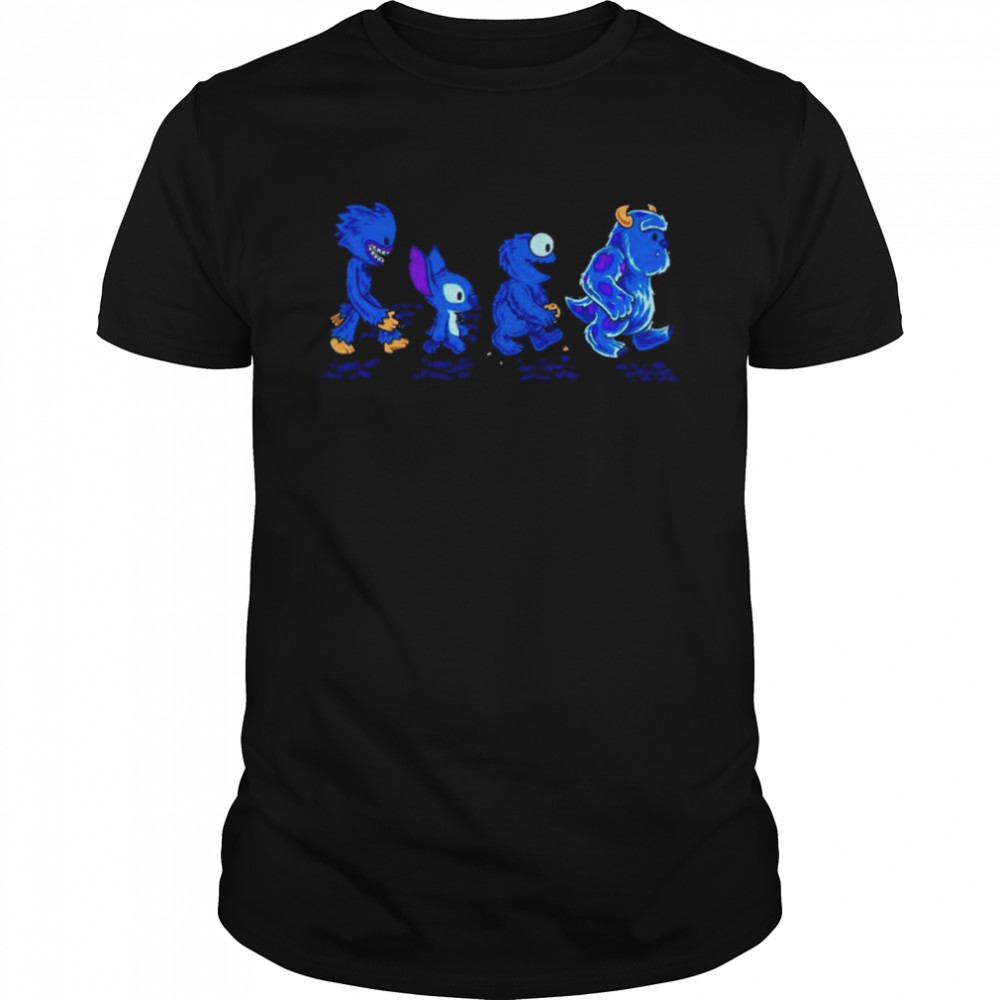 Huggy Wuggy Stitch Cookie Monster And James P. Sullivan Abbey Road Shirt Huggy Wuggy Stitch Cookie Monster And James P. Sullivan Abbey Road Shirt