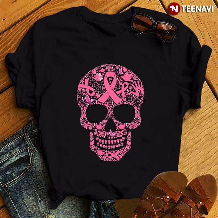 Breast Cancer Awareness Skull Ribbon Heart T-Shirt