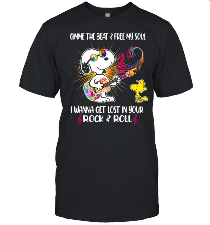 Gimme The Beat And Free My Soul I Wanna Get Lost In Your Rock And Roll Hippie Snoopy Guitar T-Shirt