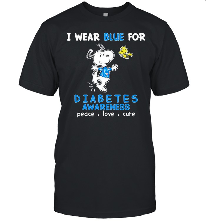 Snoopy I Wear Blue For Diabetes Awareness Peace Love Cure T-Shirt