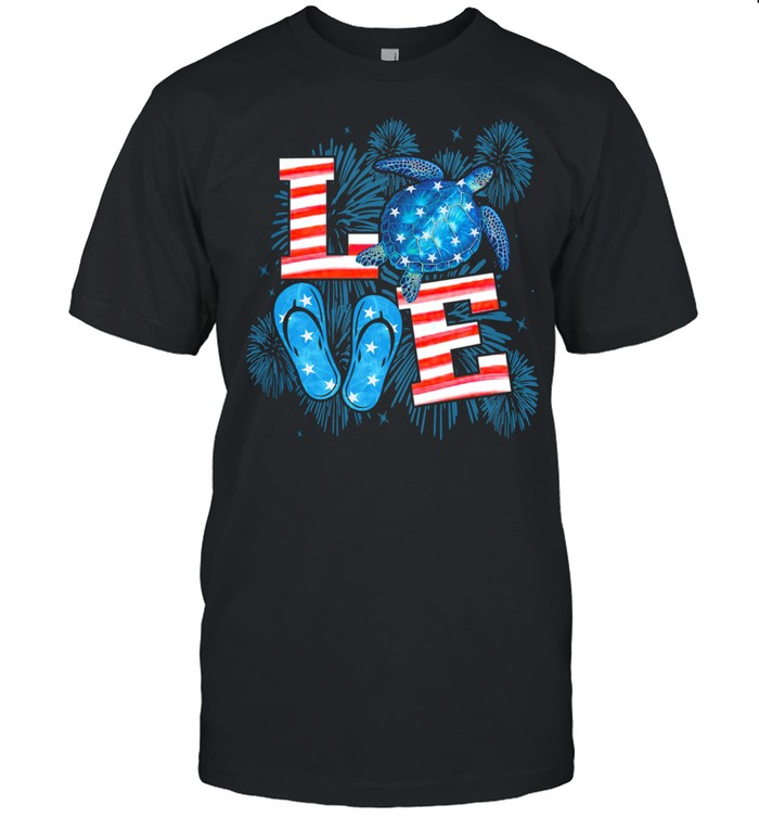 Love Turtle Firework 4Th Of July American Flag T-Shirt
