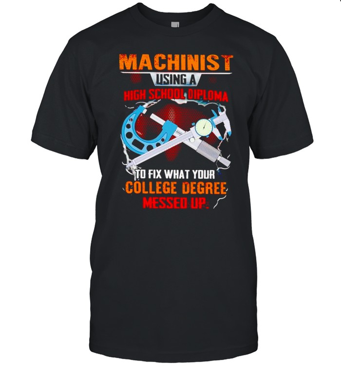 Machinist Using A High School Diploma To Fix T-Shirt